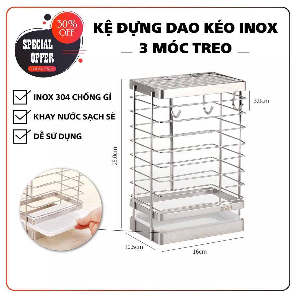 Kệ đựng dao kéo Inox 304 kèm 3 móc treo và khay hứng nước,chống rỉ