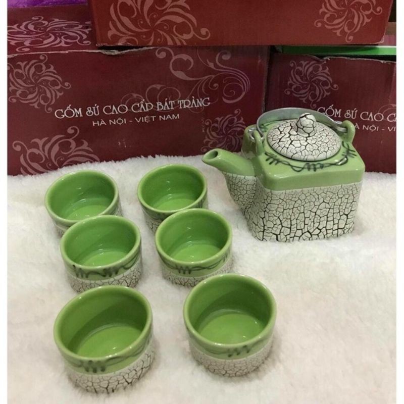 Bộ ấm chén men rạn dáng vuông kèm khay Bát Tràng