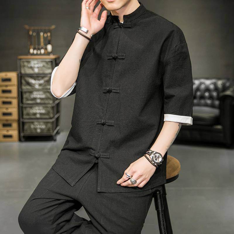 Áo Sơ Mi Nam Tay Lửng Bằng Vải Lanh cotton Phong Cách Trung Hoa Cổ Điển