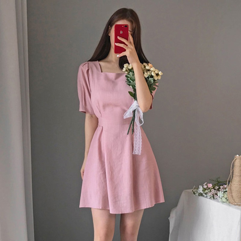 Váy Dress tay phồng cổ vuông Style Hàn Quốc (ORDER)- Có ảnh thật