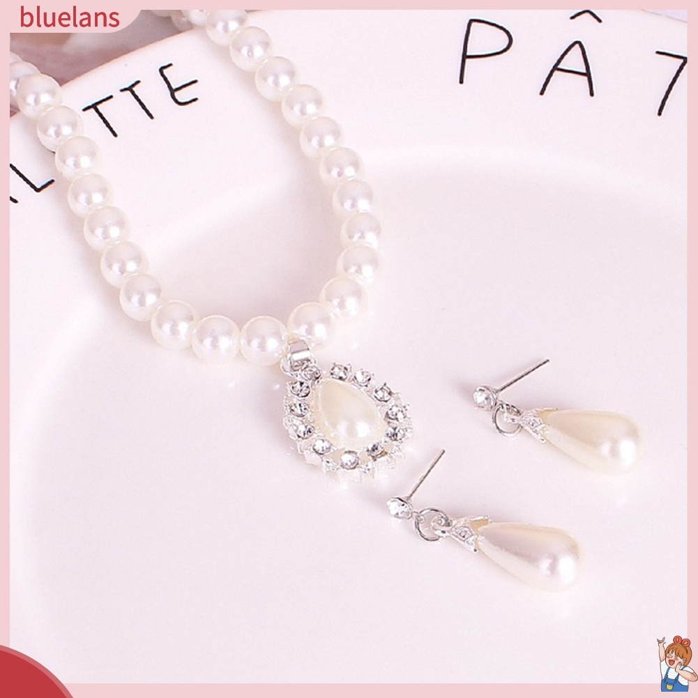 Bộ Vòng cổ + Bông Tai Đính Đá &amp; Ngọc Trai Nhân Tạo Hình Giọt Nước BLUE2