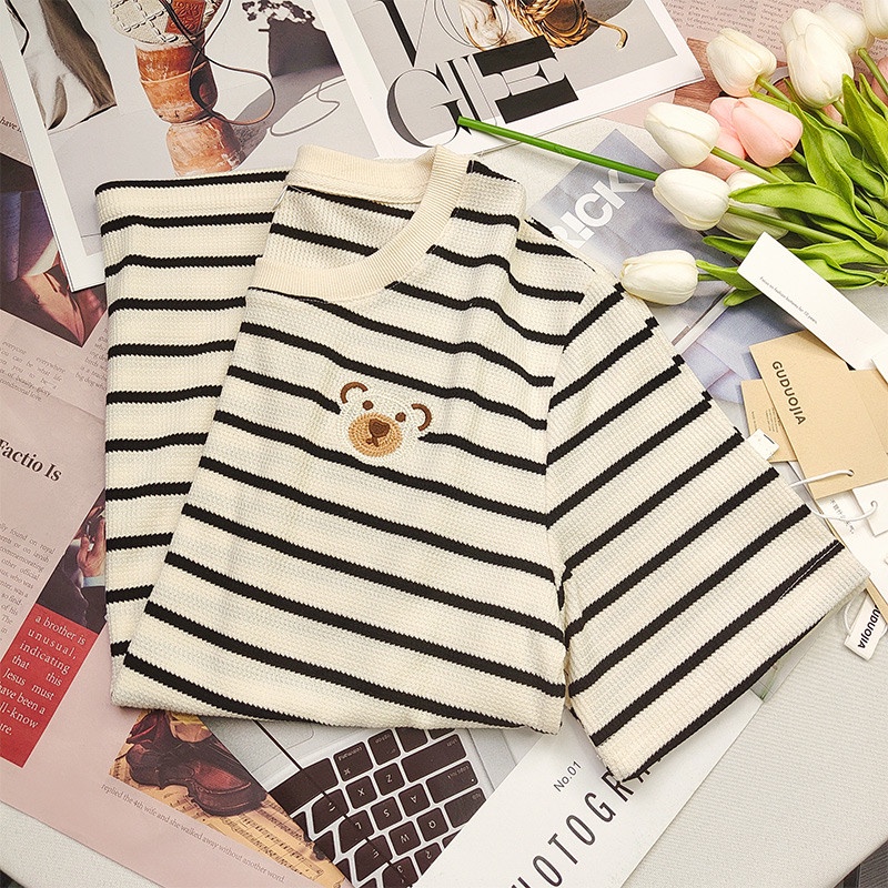 Áo thun Peppermint tay ngắn dáng rộng kẻ sọc ngang in hình gấu hoạt hình dễ thương thời trang mùa hè cho nữ 52720