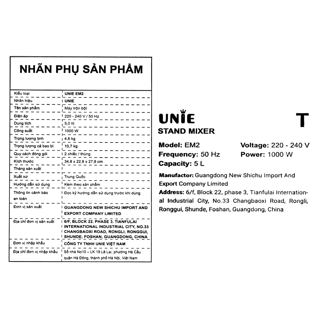 [Mã ELHA22 giảm 5% đơn 300K] Máy nhồi bột đánh trứng Unie EM2