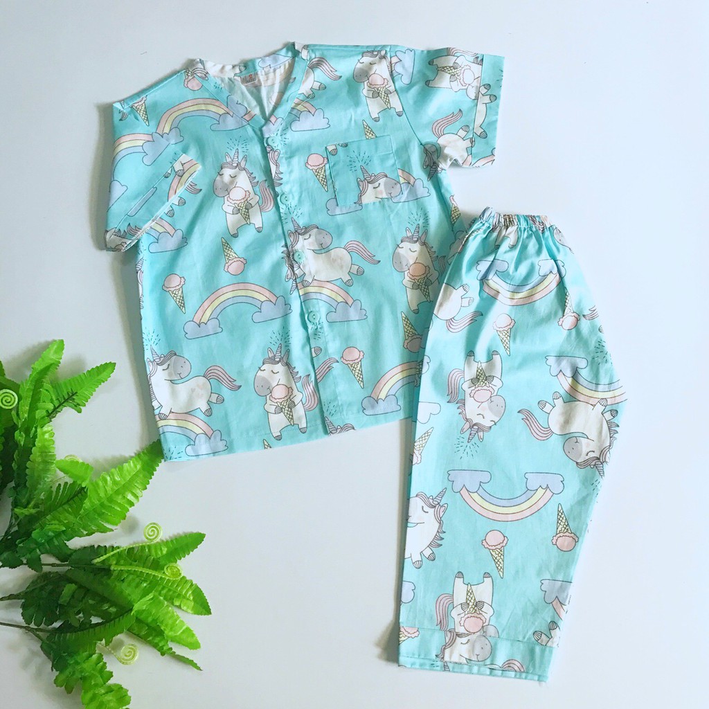 Pijama tay ngắn cho bé 100% cotton mềm mịn hút mồ hôi - Kỳ lân xanh 10-20kg