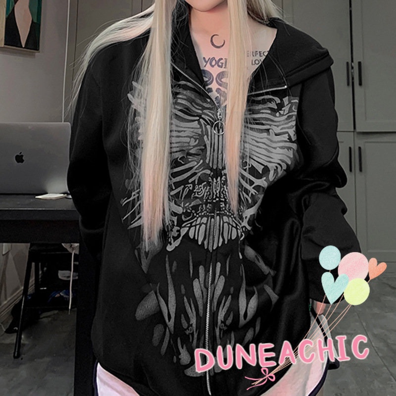 DUNEA Áo Hoodie Tay Dài Dáng Rộng Có Khóa Kéo In Họa Tiết Nghệ Thuật Phong Cách Đường Phố Cho Nữ