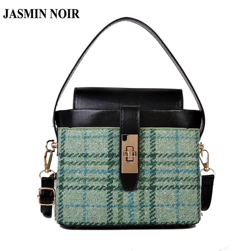 JASMIN NOIR  Túi xách  vải da PU phối len hình vuông nhỏ khóa thời trang cho nữ