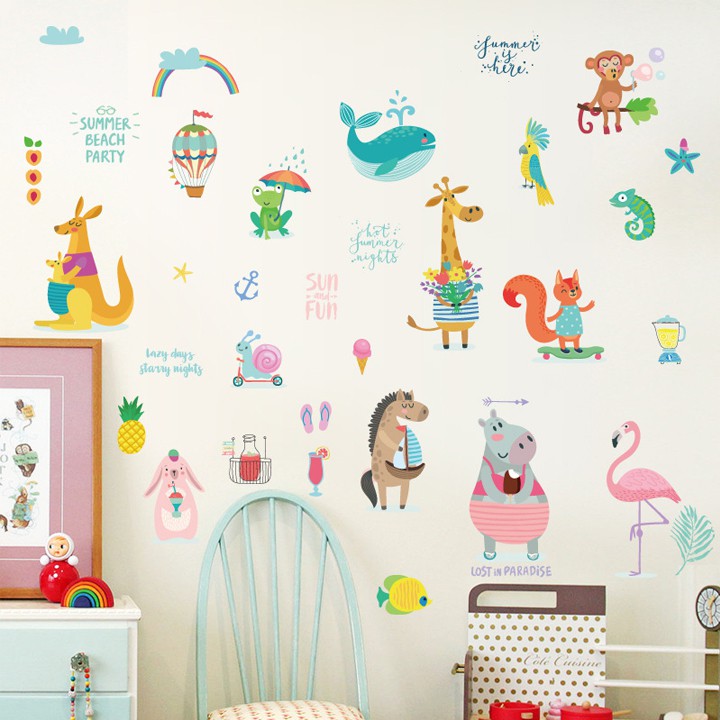 Decal dán tường cho bé động vật nghộ nghĩnh SK7148, tranh decal dán tường cho bé, hình dán sticker con vật cho bé
