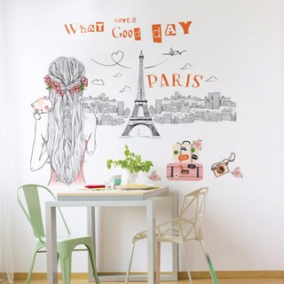 Tranh đề can dán tường cô gái nhìn ra tháp Eiffel-thành phố Paris nước Pháp, decal dán tường Hàn Quốc