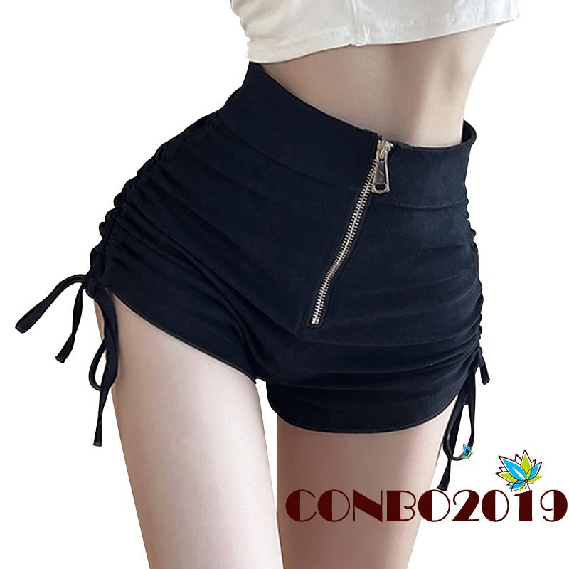 Hgm-quần Short Dây Rút Màu Trơn Lưng Cao Khóa Kéo Bên Hông Đơn Giản Dành Cho Nữ