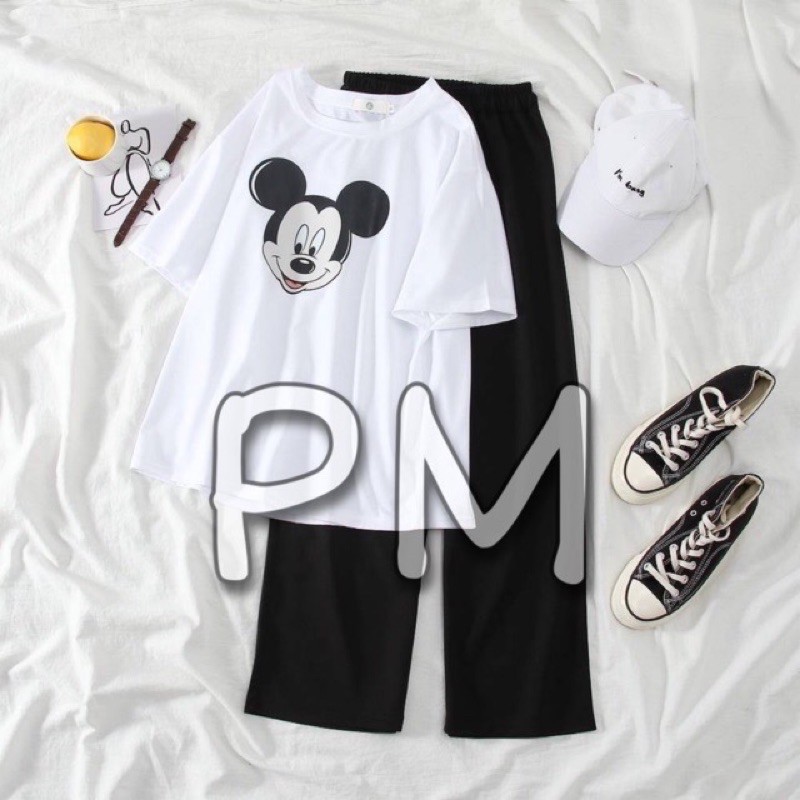 [ Rẻ Vô Địch ] Set bộ quần xuông trơn ống rộng + áo thun mickey tay lỡ dáng rộng