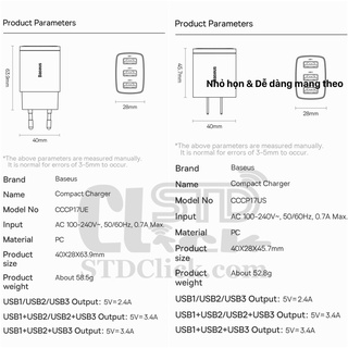 CỦ SẠC 3 CỔNG USB BASEUS COMPACT 17W MINI CHÍNH HÃNG