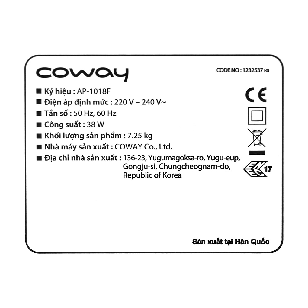 [Mã ELHA10 giảm 6% đơn 5TR] Máy lọc không khí Coway AP-1018F