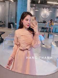 Váy lụa hồng buộc eo l1