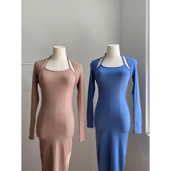 SALE Đầm ôm body cổ yếm phối tay dài thun dẻo 2 da 5 màu