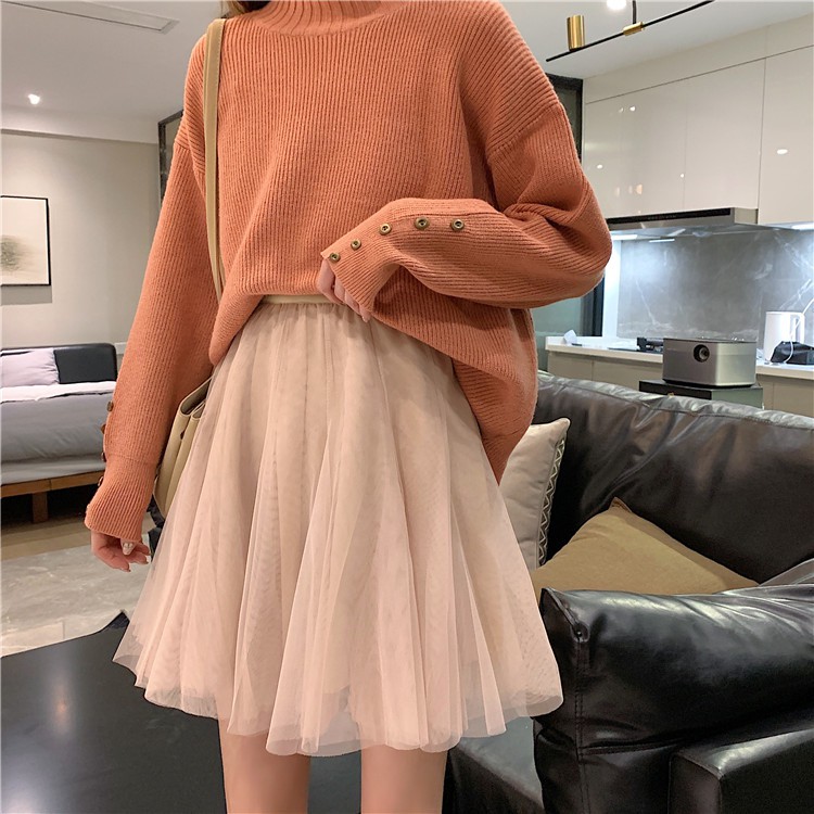 Xiaozhainv Chân Váy Chữ A Lưng Cao Màu Trơn Phối Lưới Phong Cách | BigBuy360 - bigbuy360.vn