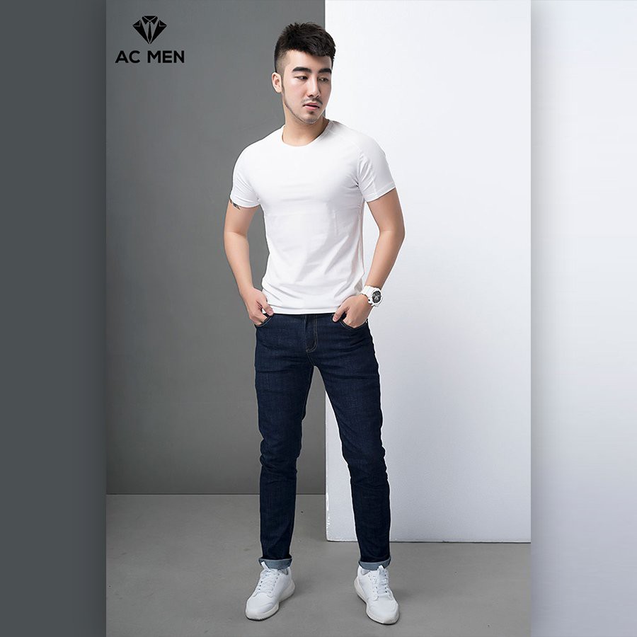 Áo Thun Nam Trơn Thêu Chỉ Nổi Form Slimfit Hai Màu Trắng Đen AC MEN | BigBuy360 - bigbuy360.vn