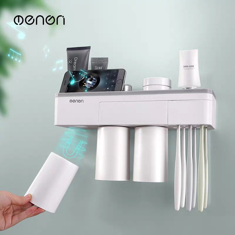 Giá treo bàn chải đánh răng oenon Kèm hộp nhả kem đánh răng tự động lắp đặt dán tường gạch men