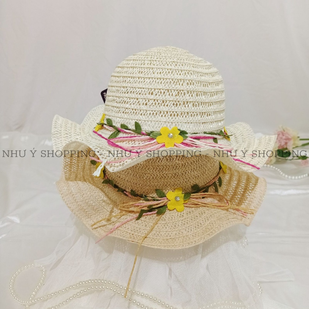 Nón mũ cói mềm vành lượn sóng hoa lá tiểu thư xinh cho bé gái có dây rút điều chỉnh,trên 4 tuổi vừa-q12 sóng bé