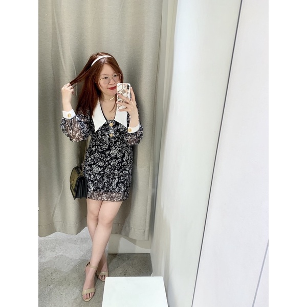 Đầm ngắn in hoa tay bồng cổ sơ mi điệu đà thanh lịch