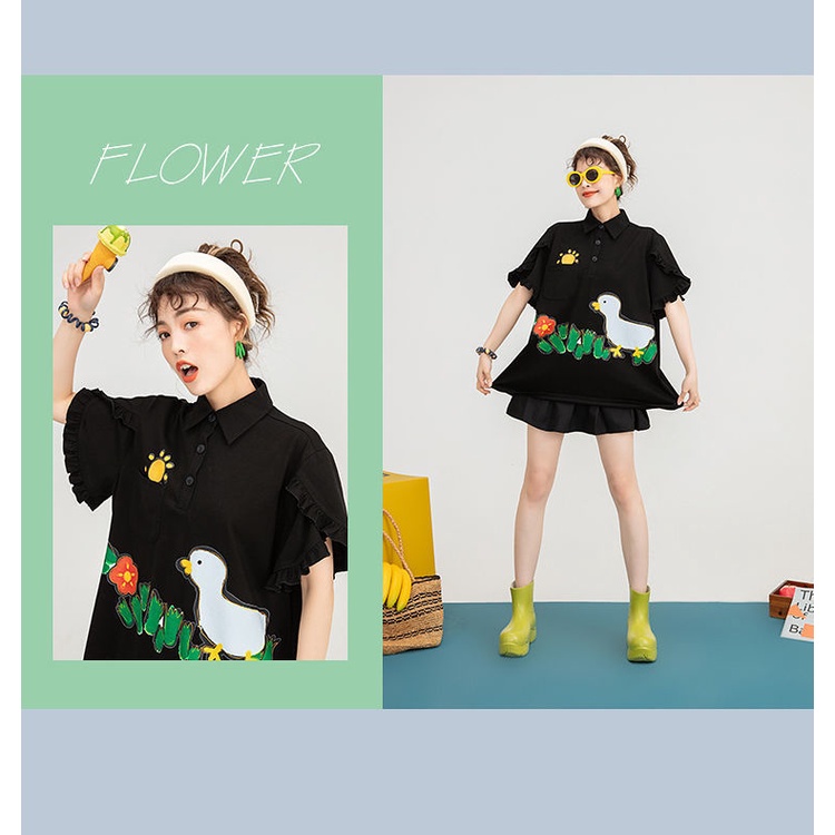 Áo polo Màu Đen Tay Ngắn Ống Loe Bằng cotton In Họa Tiết Hoạt Hình