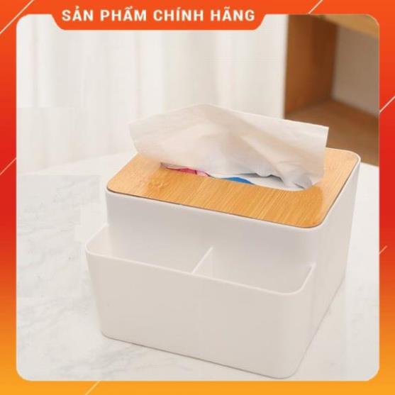 Hộp Đựng Khăn Giấy Mặt Gỗ Có 2 Ngăn Để Vật Dụng