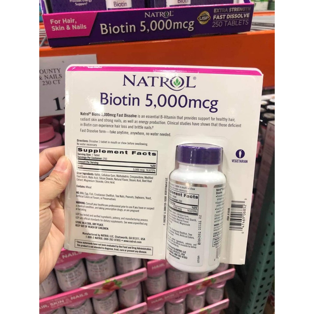 [ Sẵn Hàng ] Thuốc mọc tóc Biotin 5000 mcg ngậm hương dâu Mỹ hộp 250 viên