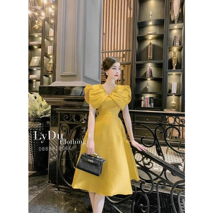 Váy đầm nữ dạ hội tiểu thư dáng xòe cổ bản to tay phồng