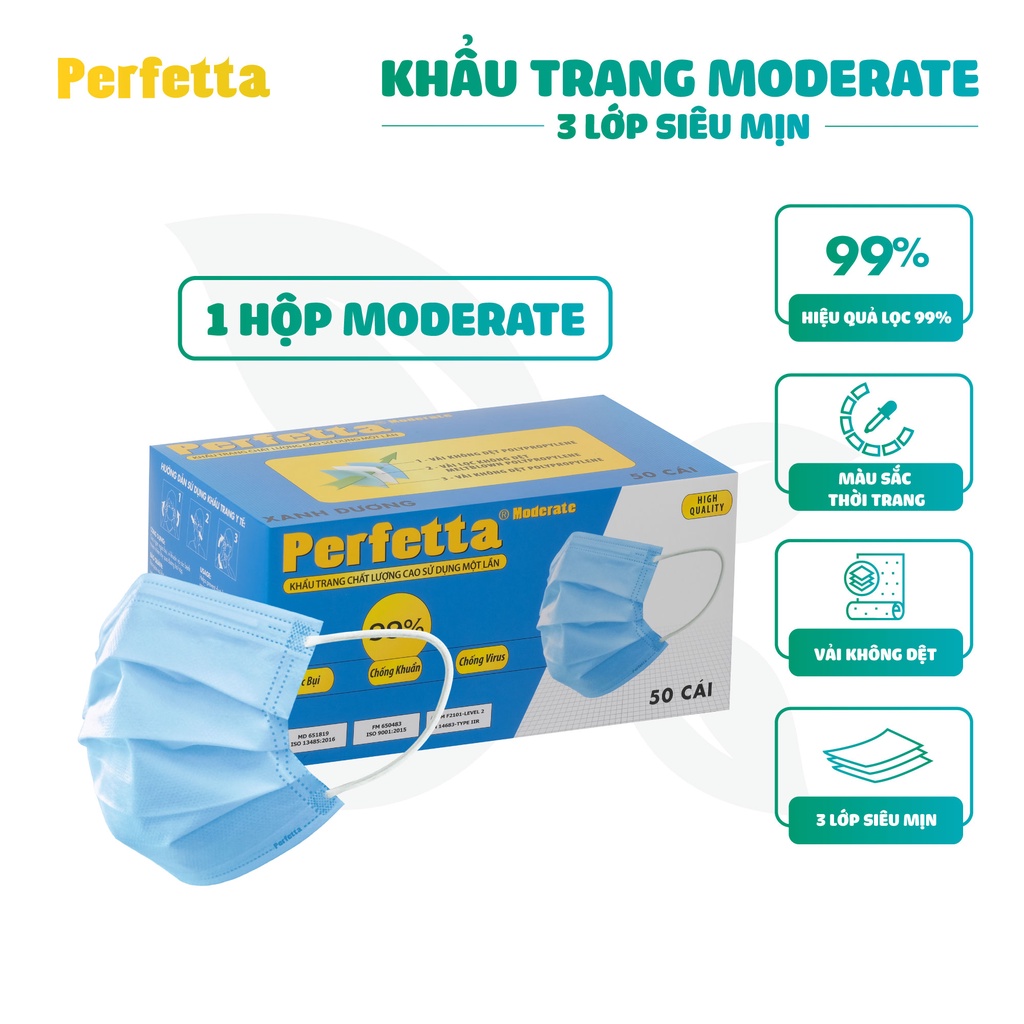 Khẩu Trang Y Tế Cao Cấp Perfetta Moderate 3 Lớp Kháng Khuẩn (50 cái/hộp)