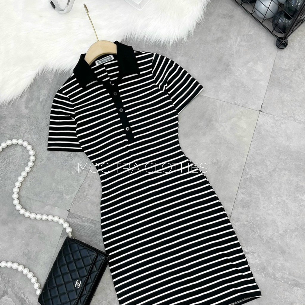 Đầm polo nữ ngắn tay dáng maxi dài, Váy body nữ dáng ôm ngắn thiết kế kẻ ngang cổ bẻ ngắn tay trẻ trung vintage đẹp rẻ