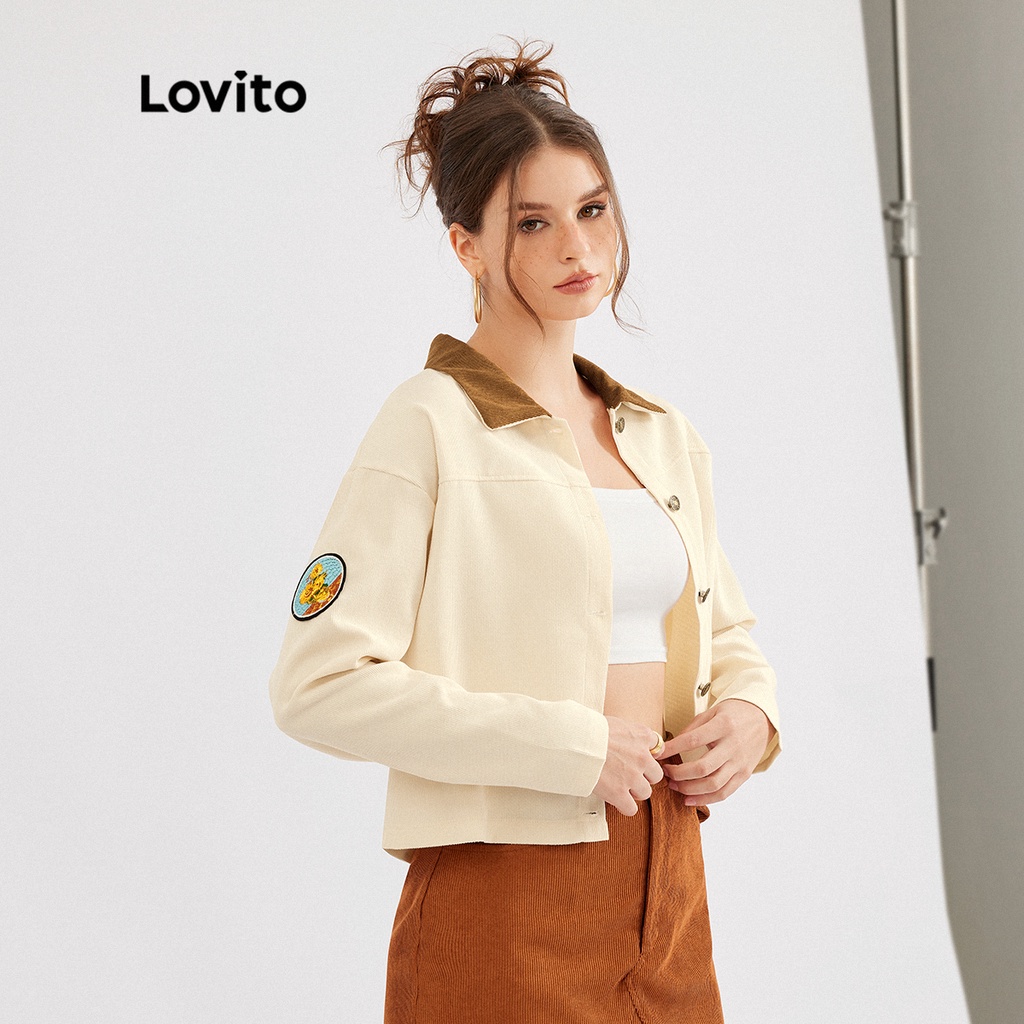 Áo khoác Lovito có nút họa tiết cây cỏ ghép nối màu sắc phong cách thường ngày L30ED061 (màu kaki)