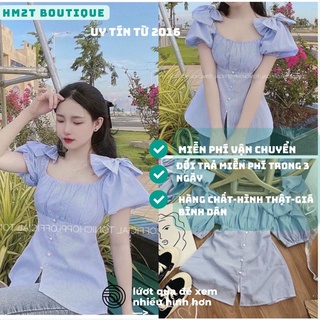 Áo sọc xanh vai nơ peplum dễ thuơng