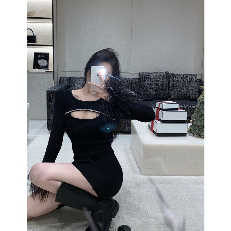 Đầm nữ phối lông phong cách gợi cảm sang trọng váy ngắn hàng Quảng Châu đầu xu hướng thu đông mới