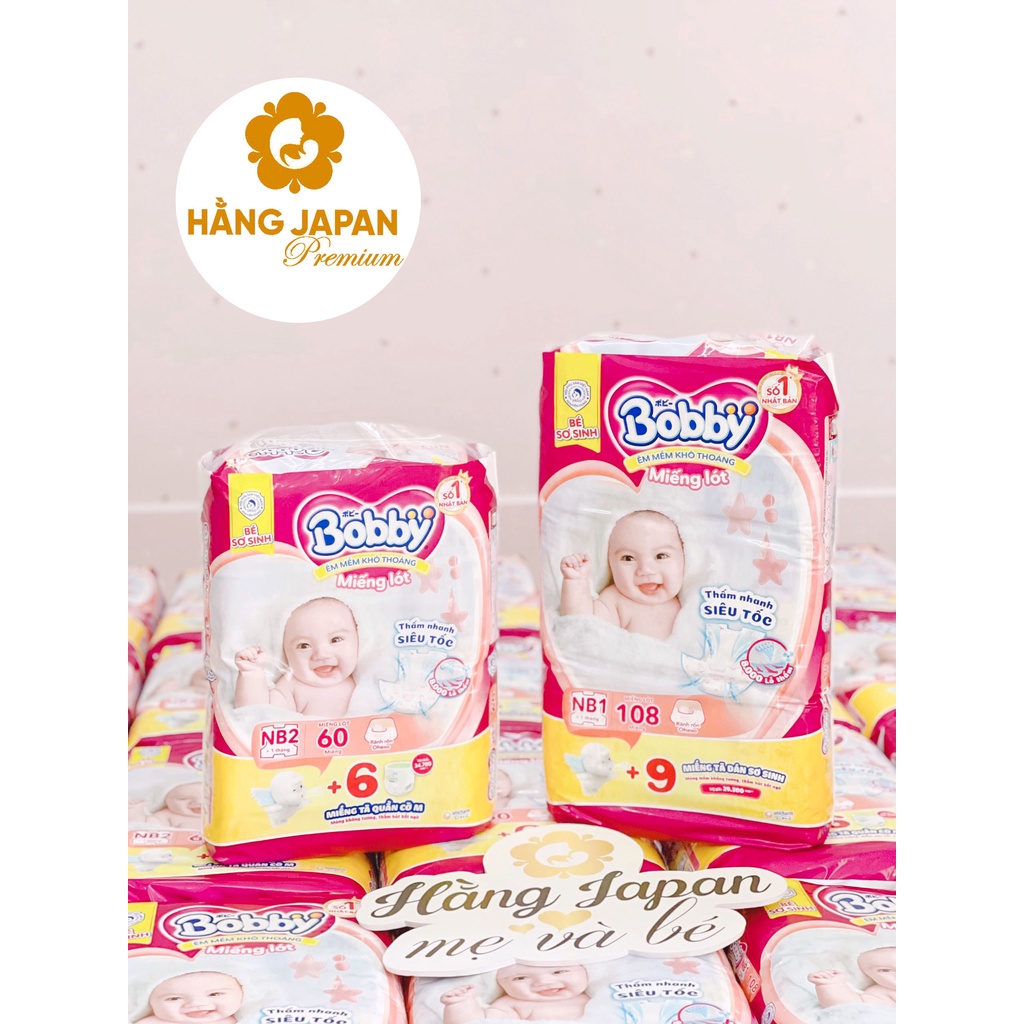Bỉm Bobby miếng lót Newborn NB1 - 180 miếng/ NB2 - 60 miếng cộng miếng cho bé