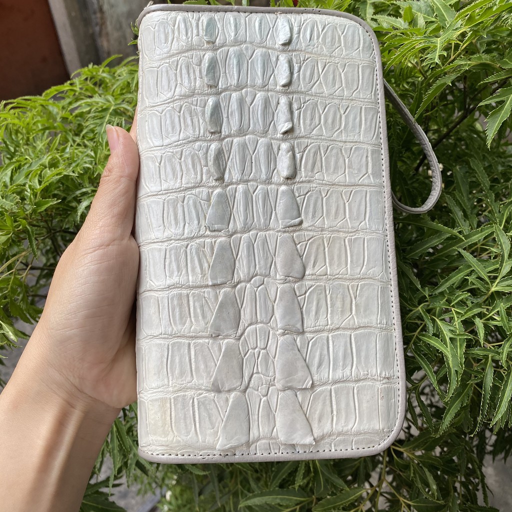 VÍ CẦM TAY DA CÁ SẤU THẬT 22x12 CM MÀU TRẮNG TINH KHÔI 2 DÂY KÉO THỤC | RYRY STORE