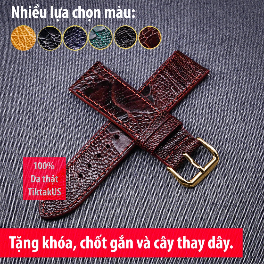 Dây đồng hồ nam da đà điểu thật khóa mạ vàng GOLD TiktakUs - Nhiều màu , đủ size 18mm - 19mm - 20mm - 21mm - 22mm