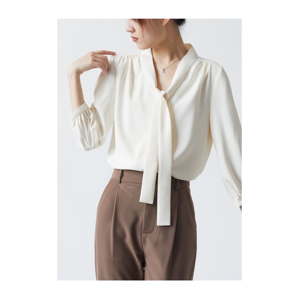 Áo Thời Trang Công Sở Nữ Tay Lỡ, Cổ Nhật Thắt Nơ, Sơ Mi Kem Vàng Basic Quyên Fashion AA523