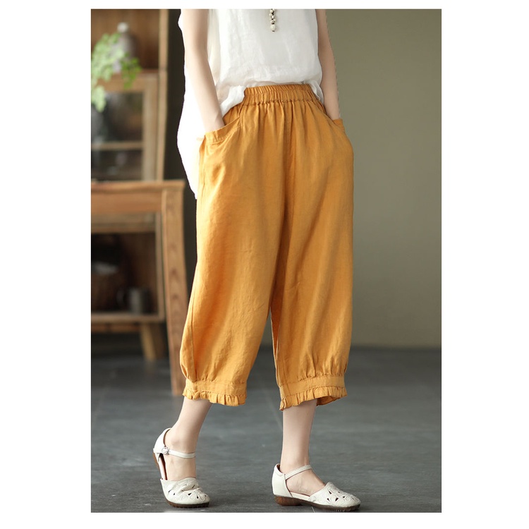 Quần Cotton Lanh Màu Trơn Phong Cách Retro Mùa Hè Mới 2022