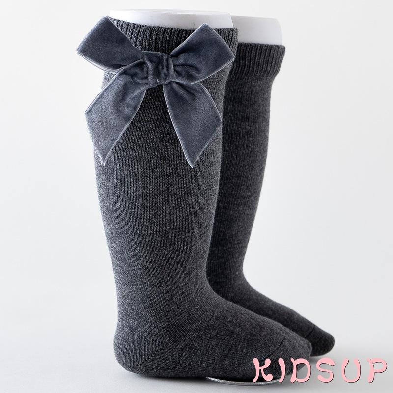 Tất cotton cổ cao đính nơ màu sắc cổ điển cho bé gái