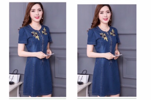 Đầm jean cổ tròn phù hợp moi lứa tuổi  thêu hoa bao đẹp