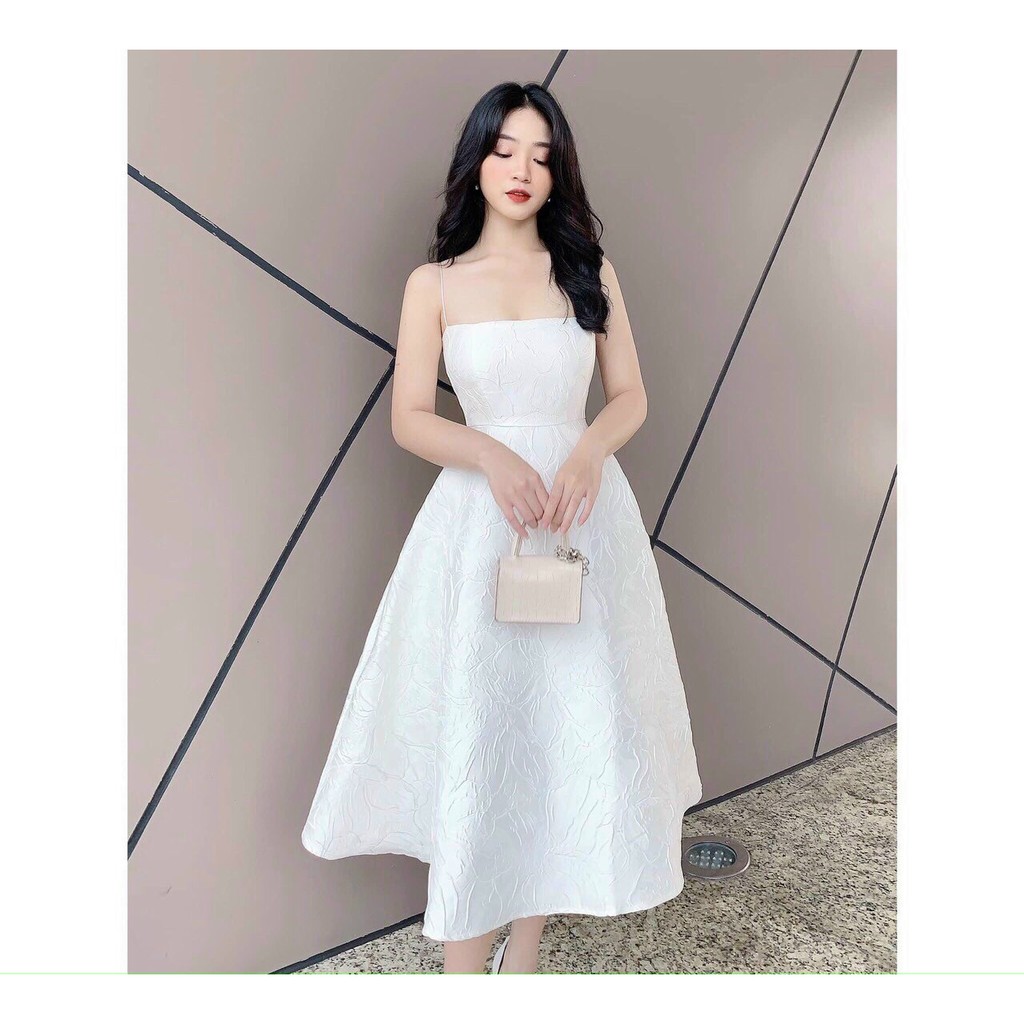 _Đầm Midi 2s Gấm Tafta Hoa Hồng Sang chảnh Trắng/Đỏ PHS1374