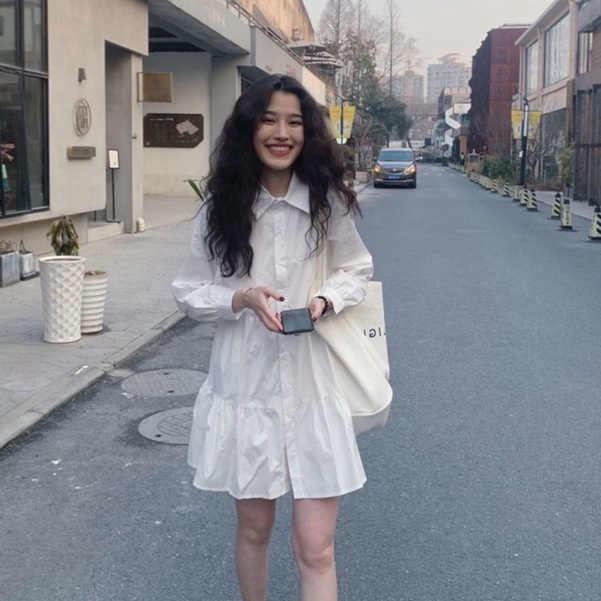 Đầm Sơ Mi Trắng Tay Dài Dáng Chữ A Thiết Kế Thanh Lịch Cho Nữ