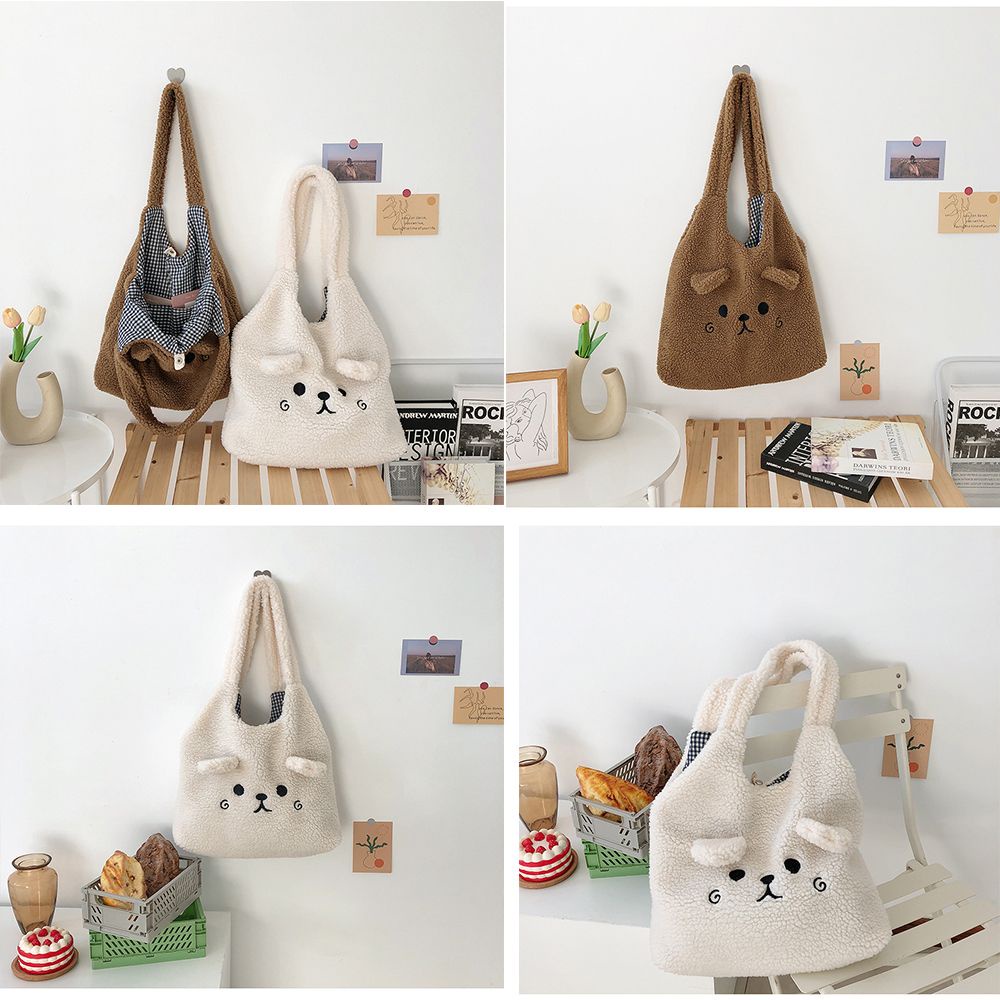 Túi xách tote sức chứa lớn đeo vai hình gấu nhồi bông nhiều màu kiểu mùa đông đáng yêu cho nữ