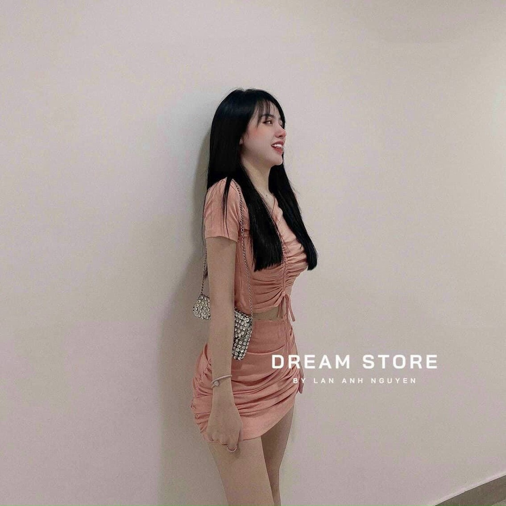 set bộ gồm áo rút dây ngực mix chân váy nhúm chất gân mềm