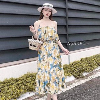 váy đi biển 2 dây hoa hướng dương chất đũi tơ cá tính