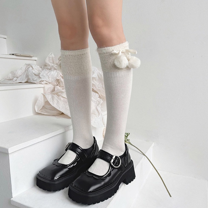 Tất đầu gối bắp chân giả len dệt kim nơ satin bóng nhung phong cách lolita dễ thương cho nữ sinh đi giày bốt