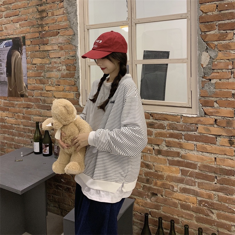 【ZHELIHANGFEI】Áo Thun Tay Dài Giả Hai Lớp Họa Tiết Kẻ Sọc Thời Trang Dễ Phối Đồ Cho Nữ