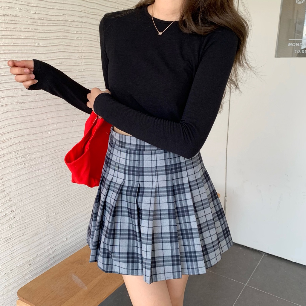 SUXI Chân Váy Chữ A Lưng Cao Họa Tiết Sọc Caro Phong Cách Hàn Quốc Cho Nữ