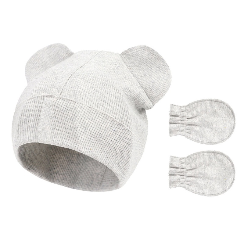 Bộ Găng Tay + Mũ + Găng Tay Bằng Cotton Mềm Chống Trầy Hình Tai Gấu Dễ Thương Cho Bé Sơ Sinh