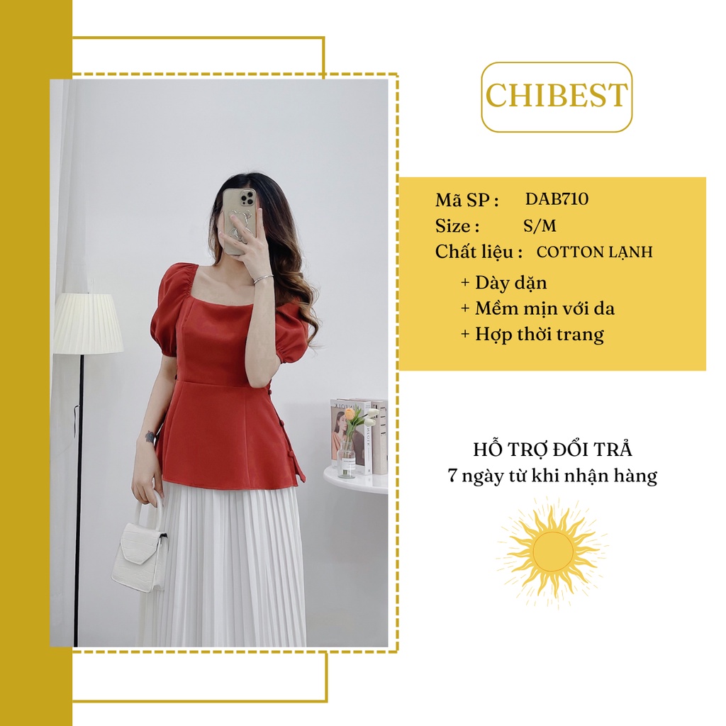 Áo Kiểu cổ vuông nút bọc viền hông phối tay phồng CHIBEST DAB710