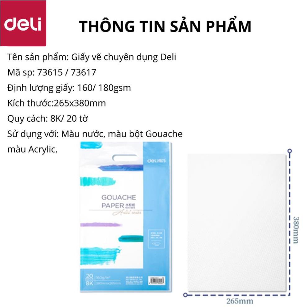 Giấy vẽ chuyên dụng Deli - Gouache - Định lượng 8k 160gsm/180gsm 1 tệp - 73615 / 73617 [Deli]